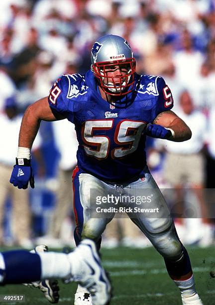 Andy Katzenmoyer of the New England Patriots moves on the field during the game against the Indianapolis Colts at the Foxboro Stadium in Foxboro,...