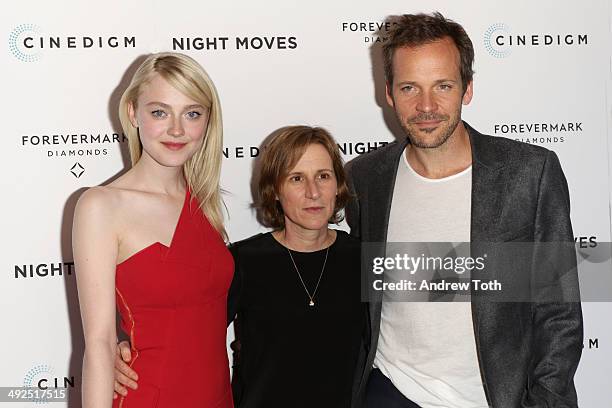 Dakota Fanning, director Kelly Reichardt and Peter Sarsgaard attend the "Night Moves" premiere at Sunshine Landmark on May 20, 2014 in New York City.