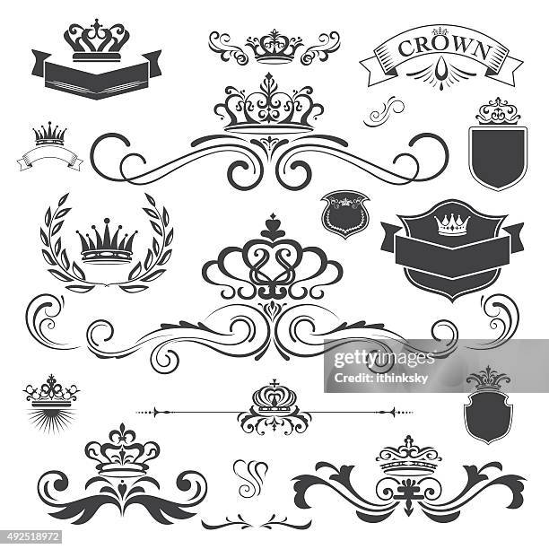 ilustraciones, imágenes clip art, dibujos animados e iconos de stock de adorno vector vintage con elementos de diseño de corona - corona accesorio de cabeza