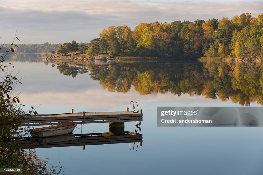 Morning light at the lake boat and jetty landscape