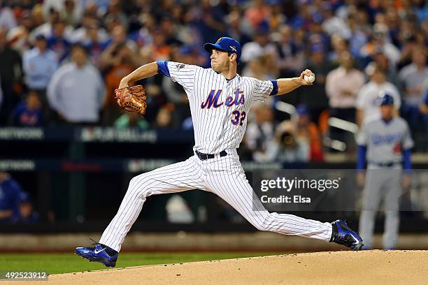 Steven Matz of the New York Mets throws a pitch in the first inning against the Los Angeles Dodgers during game four of the National League Division...