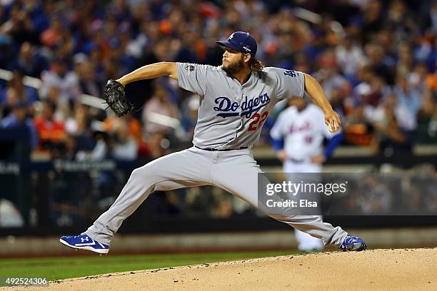 Clayton Kershaw of the Los Angeles Dodgers throws a pitch in the first inning against the New York Mets during game four of the National League...