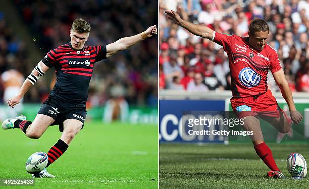 Image Numbers 185259895 and 487269853) In this composite image a comparison has been made between Fly Halfs Owen Farrell of Saracens and Jonny...