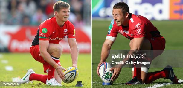 Image Numbers 144255057 and 483234487) In this composite image a comparison has been made between Fly Halfs Owen Farrell of Saracens and Jonny...