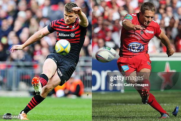 Image Numbers 480051625 and 487068129) In this composite image a comparison has been made between Fly Halfs Owen Farrell of Saracens and Jonny...