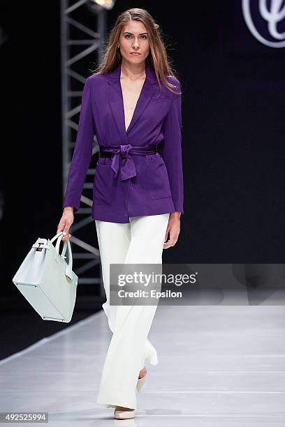 Model walks the runway at the Valentin Yudashkin show during Moscow Fashion Week at Gostiny Dvor on October 13, 2015 in Moscow, Russia.