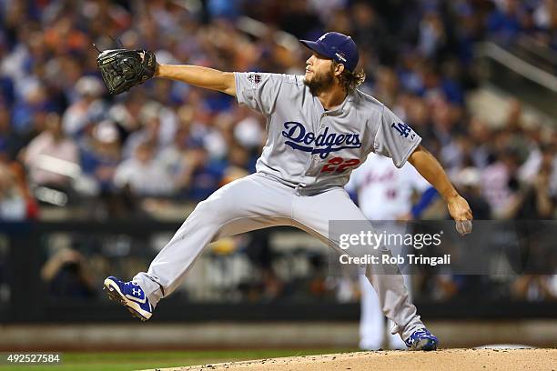Clayton Kershaw of the Los Angeles Dodgers pitches during Game 4 of the NLDS against the New York Mets at Citi Field on Tuesday, October 13, 2015 in...