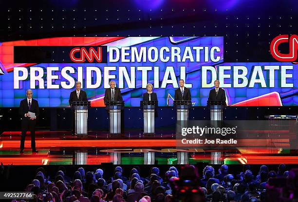 Anchor Anderson Cooper moderates a presidential debate sponsored by CNN and Facebook for Democratic presidential candidates Jim Webb, U.S. Sen....