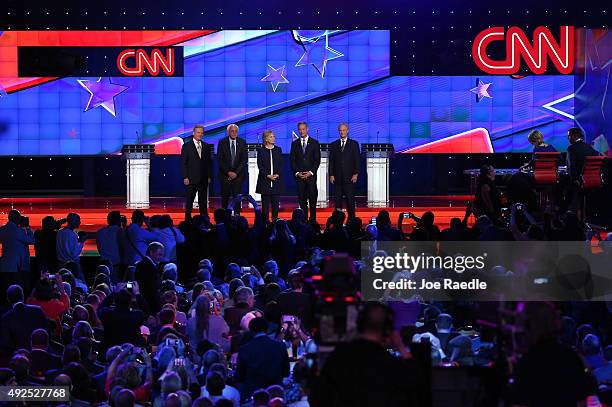Democratic presidential candidates Jim Webb, U.S.Sen. Bernie Sanders , Hillary Clinton, Martin O'Malley and Lincoln Chafee take the stage for a...