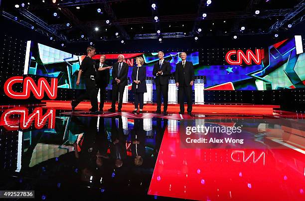 Democratic presidential candidates Jim Webb, Sen. Bernie Sanders , Hillary Clinton, Martin O'Malley and Lincoln Chafee take the stage for a...