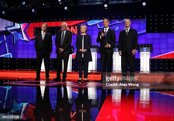 Democratic presidential candidates Jim Webb, Sen. Bernie Sanders , Hillary Clinton, Martin O'Malley and Lincoln Chafee take the stage for a...