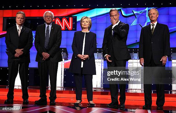 Democratic presidential candidates Jim Webb, Sen. Bernie Sanders , Hillary Clinton, Martin O'Malley and Lincoln Chafee take the stage for a...