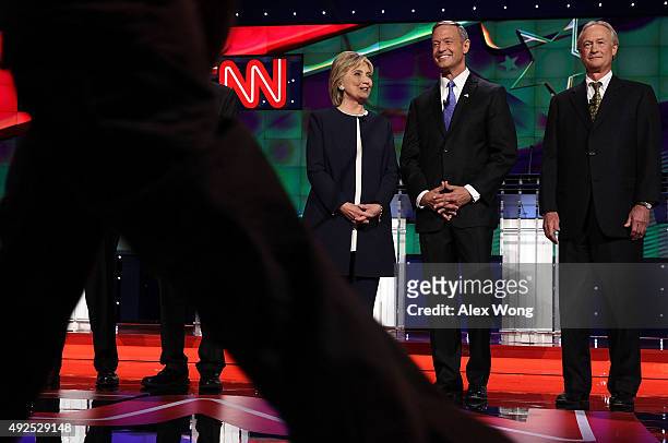 Democratic presidential candidates Hillary Clinton, Martin O'Malley and Lincoln Chafee take the stage for a presidential debate sponsored by CNN and...