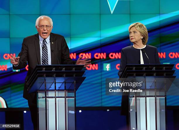 Democratic presidential candidates Sen. Bernie Sanders and Hillary Clinton take part in a presidential debate sponsored by CNN and Facebook at Wynn...