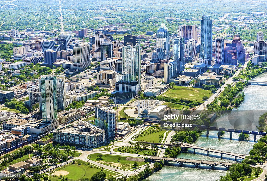 Skyline de cidade de Austin, no Texas Estação do centro da cidade de arranha-céus-fotografia aérea