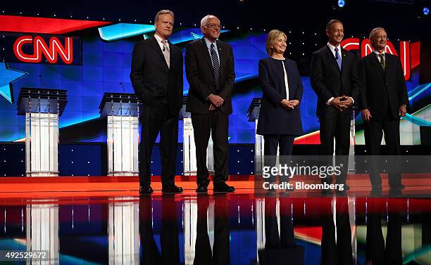 Democratic presidential candidates including Jim Webb, former Senator from Virginia, from left to right, Senator Bernie Sanders, an independent from...