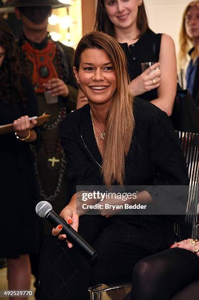 Jenne Lombardo speaks at the Material Wrld Fashion Trade-In Card Launch Event at Steven Alan Chelsea Store on October 13, 2015 in New York City.