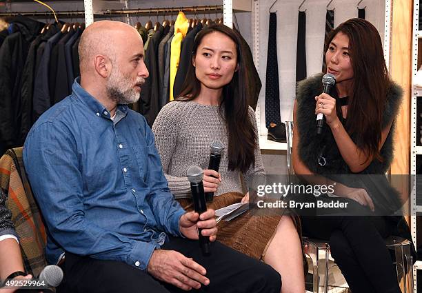 Steven Alan, Material Wrld Co-Founders, Jie Zheng and Rie Yano speak at the Material Wrld Fashion Trade-In Card Launch Event at Steven Alan Chelsea...