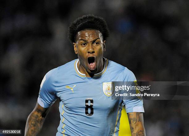 Abel Hernández of Uruguay celebrates after scoring the third goal during a match between Uruguay and Colombia as part of FIFA 2018 World Cup...