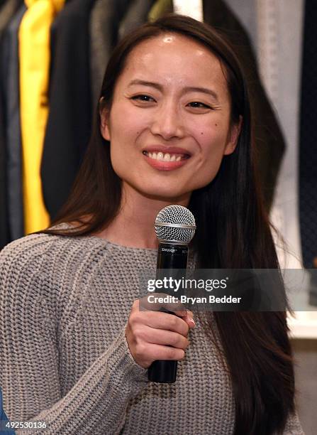 Material Wrld Co-Founder, Jie Zheng speak at the Material Wrld Fashion Trade-In Card Launch Event at Steven Alan Chelsea Store on October 13, 2015 in...