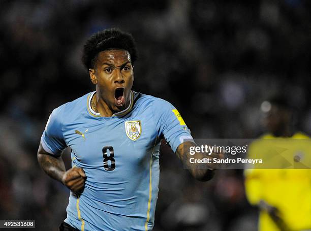 Abel Hernández of Uruguay celebrates after scoring the third goal during a match between Uruguay and Colombia as part of FIFA 2018 World Cup...