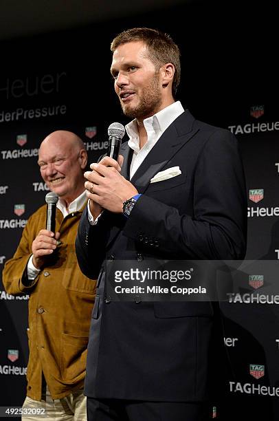 Jean-Claude Biver and Tom Brady appear onstage as TAG Heuer announces Tom Brady as the new brand ambassador and launches the new Carrera - Heuer 01...