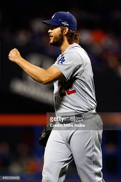 Clayton Kershaw of the Los Angeles Dodgers react after closing out the seventh inning against the New York Mets during game four of the National...