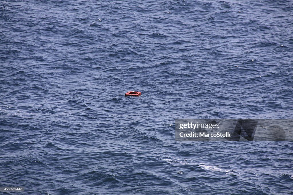 Blue sea with waves with lifebuoy.