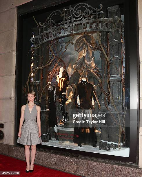 Mia Wasikowska attends a celebration of Bergdorf Goodman Windows inspired by the Legendary Pictures and Universal Pictures film, "Crimson Peak" at...