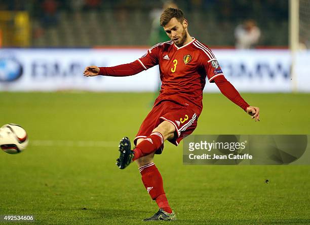 Nicolas Lombaerts of Belgium in action during the UEFA EURO 2016 qualifier match between Belgium and Israel at King Baudouin Stadium on October 13,...