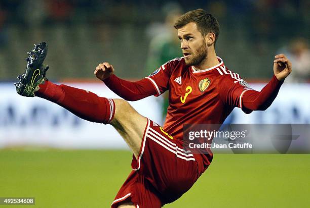 Nicolas Lombaerts of Belgium in action during the UEFA EURO 2016 qualifier match between Belgium and Israel at King Baudouin Stadium on October 13,...