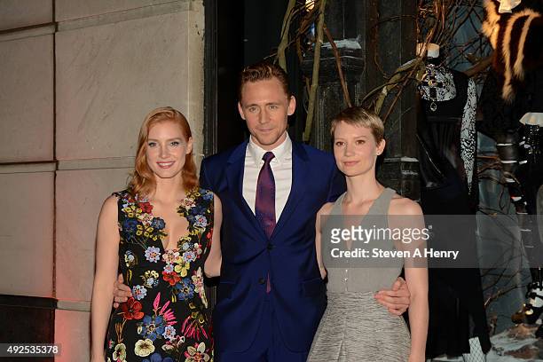 Jessica Chastain, Tom Hiddleston and Mia Wasikowska attend the "Crimson Peak" Inspired Window unveiling at Bergdorf Goodman on October 13, 2015 in...