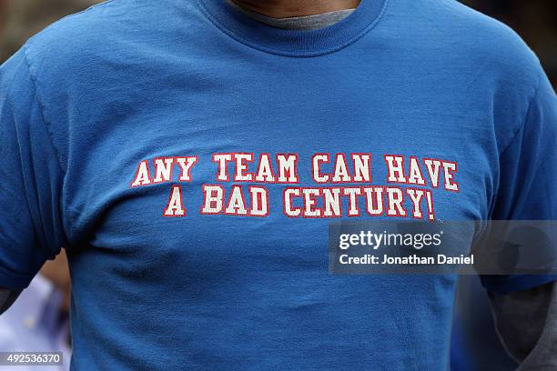 Detailed view of the shirt of a Chicago Cubs fan prior to game four of the National League Division Series between the Chicago Cubs and the St. Louis...