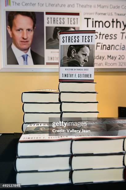 General view of books on display during Timothy Geithner in conversation with Julianna Goldman about his book "Stress Test: Reflections on Financial...