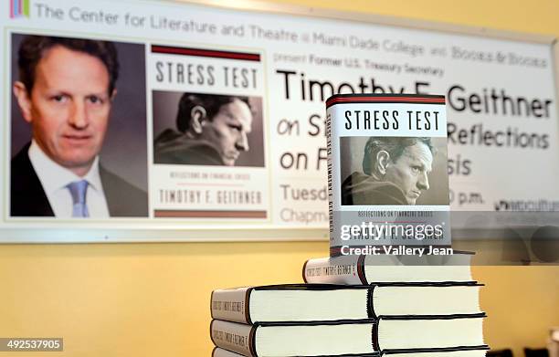 General view of books on display during Timothy Geithner in conversation with Julianna Goldman about his book "Stress Test: Reflections on Financial...