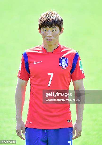 Portrait picture of South Korea's midfielder Kim Bo-Kyung posing during the team's official presentation at the National Football Center in Paju,...