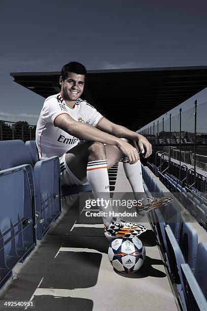 In this image from adidas, Alvaro Morata of Real Madrid tries on his adidas F50 Battle Pack boots ahead of Saturday's UEFA Champions League Final at...