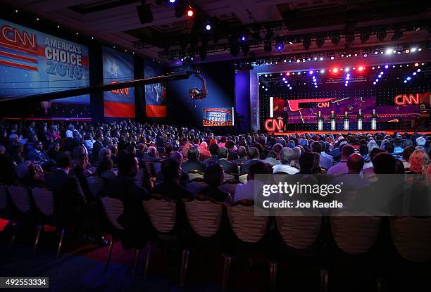 Anchor Anderson Cooper moderates a presidential debate sponsored by CNN and Facebook for Democratic presidential candidates Jim Webb, Sen. Bernie...