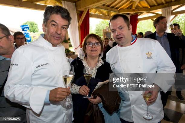 Chefs Regis Marcon; Jacques Marcon;Michele Marco; Eric Pras attend the 60th anniversary of the Relais Chateaux historical restaurant of Georges Blanc...