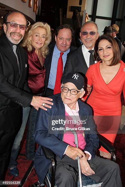 Bernie Yuman, Terry Allen Kramer, James L. Nederlander, James M. Nederlander, Emilio Estefan and Gloria Estefan pose during the "On Your Feet! The...