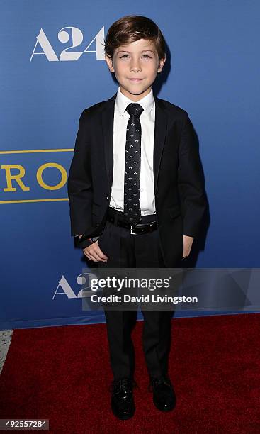 Actor Jacob Tremblay attends the premiere of A24's "Room" at the Pacific Design Center on October 13, 2015 in West Hollywood, California.