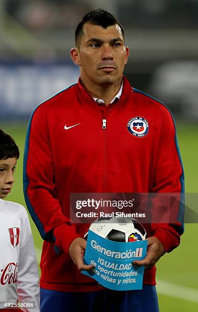 Gary Medel of Chile looks on prior a match between Peru and Chile as part of FIFA 2018 World Cup Qualifier at Nacional Stadium on October 13, 2015 in...