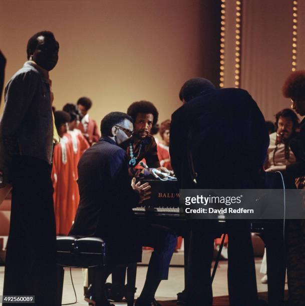 American musicians Ray Charles and Quincy Jones on set of 'We Love You Madly', a television tribute to jazz musician Duke Ellington, filmed in...