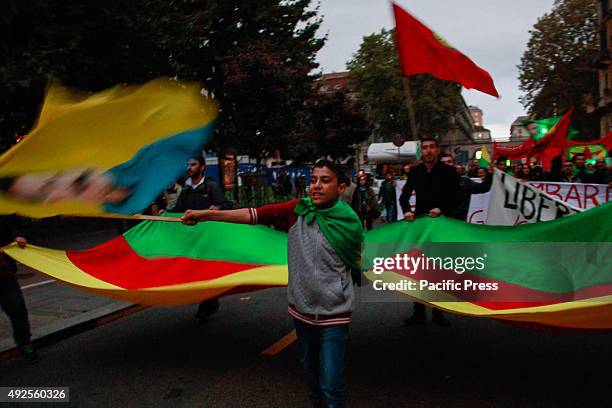 Demonstrator waves flag during a protest against the Turkish President Erdogan and the attack in Turkey with 87 dead and over 200 injured on October...