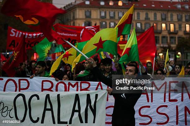 Demonstrators wave flags and bring placards against the Turkish President Erdogan and the attack in Turkey with 87 dead and over 200 injured on...