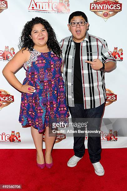 Actors Raini Rodriguez and Rico Rodriguez attend the premiere of "Annie" at the Hollywood Pantages Theatre on October 13, 2015 in Hollywood,...