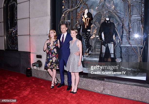 Jessica Chastain, Tom Hiddleston, and Mia Wasikowska attend the Bergdorf Goodman "Crimson Peak" inspired window unveiling at Bergdorf Goodman on...