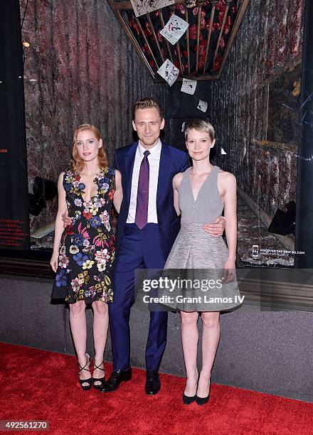 Jessica Chastain, Tom Hiddleston, and Mia Wasikowska attend the Bergdorf Goodman "Crimson Peak" inspired window unveiling at Bergdorf Goodman on...