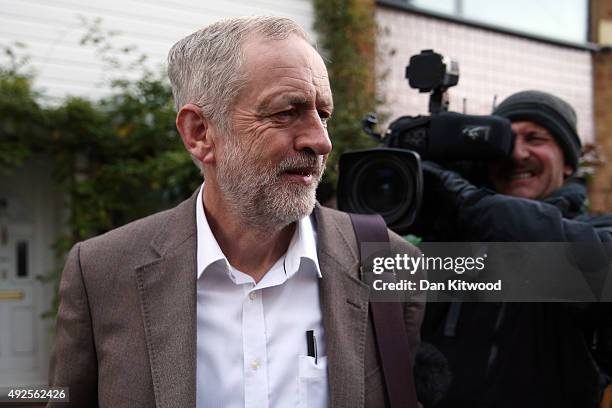 Labour leader Jeremy Corbyn leaves his home on October 14, 2015 in London, England. Mr Corbyn will take part in his second weekly Prime Ministers...