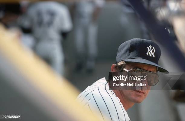 New York Yankees manager Billy Martin in dugout during game vs Milwaukee Brewers at Yankee Stadium. Bronx, NY 4/7/1977 CREDIT: Neil Leifer